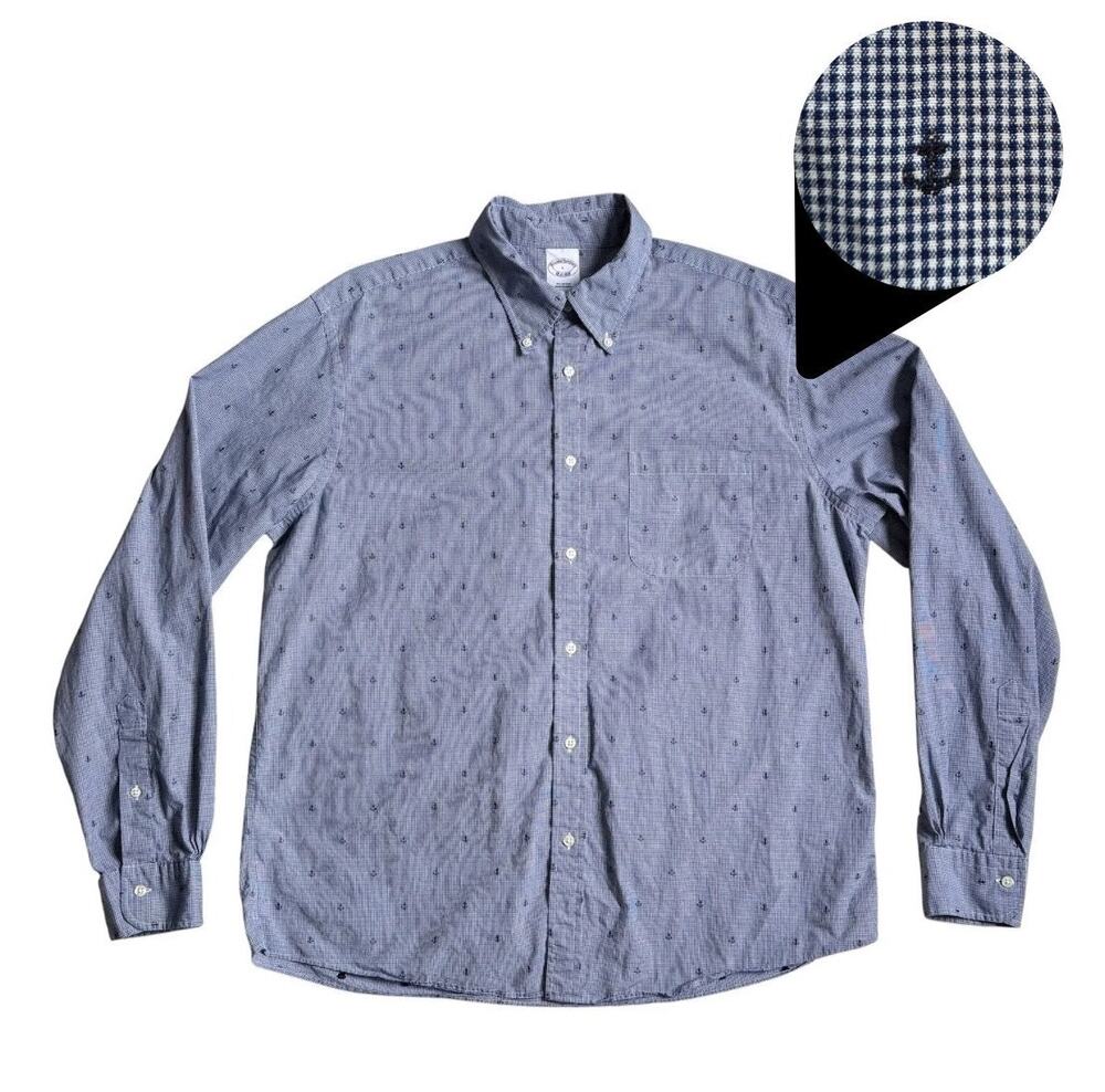 Brooks Brothers Mens Dress Shirt Button Down Anchor Print Gingham All Cotton